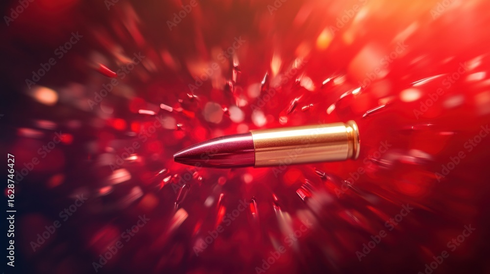 Poster dynamic portrayal of a bullet in motion with vibrant red background