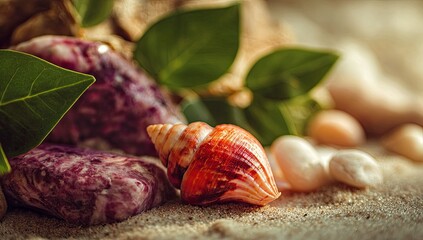 Seashells and sand. Sunlight on beach treasures