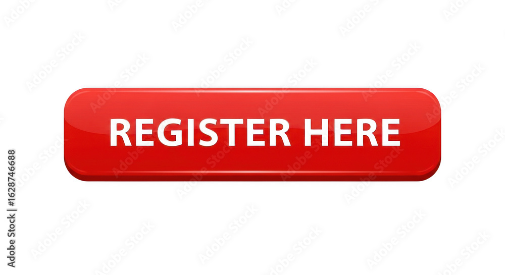 Poster A glossy red register here button isolated on transparent background