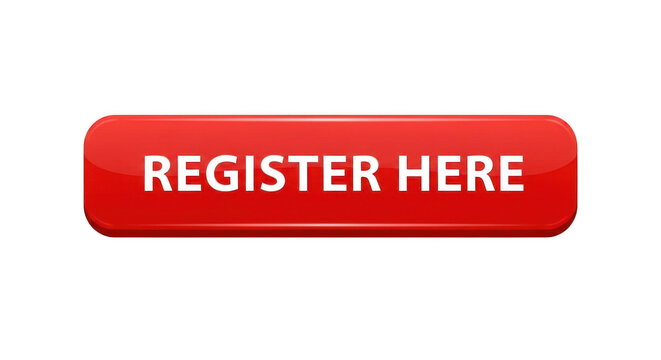 A glossy red register here button isolated on transparent background