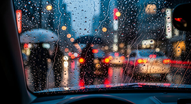 Rainy Cityscape View from Car Interior with Water Droplets on Windshield Capturing Urban Life and Traffic on a Gloomy Evening