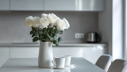 White Roses Bouquet in Vase on Dining Table with Coffee Cups, Modern Kitchen Interior, Minimalist Home Decor