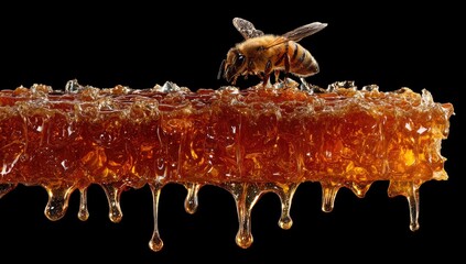 Honeycomb with Dripping Honey and Bee