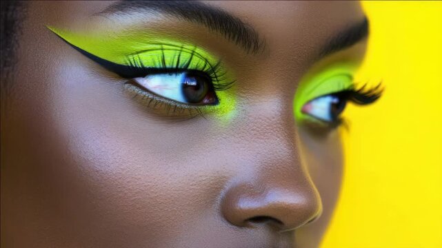 A close-up of a woman's face with bright yellow eye shadow and bold black eyeliner.
