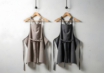 Two linen aprons hanging on wooden hangers, beige and charcoal grey, against a textured wall.