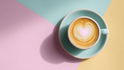Pastel-colored flatlay of a latte art coffee cup