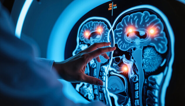 Close-up MRI scan displaying brain stroke areas in urban hospital, medical insight