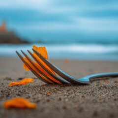 Fork with petals on a beach