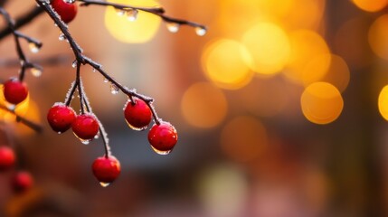 Red berries glisten with droplets against a blurred orange backdrop
