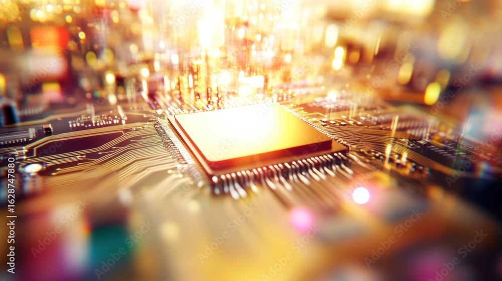 Poster close-up of a cpu on a circuit board with glowing lights