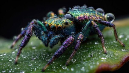 A vibrant jumping spider resting on a dewy leaf. Macro close-up