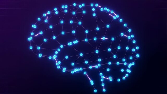Flat vector brain shape formed by glowing connected nodes, animated data pulses travel across links in smooth rhythmic waves, dark background with soft grid pattern, colors: deep purple, neon blue