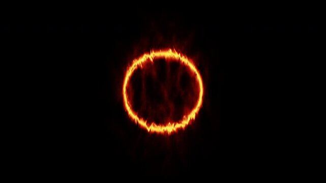 slow motion flames and sparks, Burning Ring of Fire on Black Background.	
