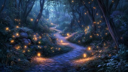 A fantasy forest at night is shrouded in darkness except for the soft glow of lights