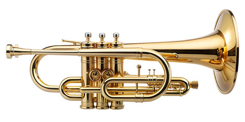 high quality stock photo of a golden trumpet - isolated on a white background PNG. GENERATIVE AI