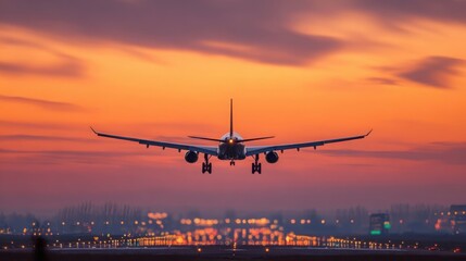 Airplane descending towards a runway during a vibrant sunset with orange and purple hues