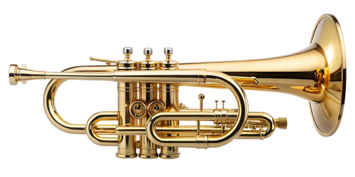 high quality stock photo of a golden trumpet - isolated on a white background PNG. GENERATIVE AI