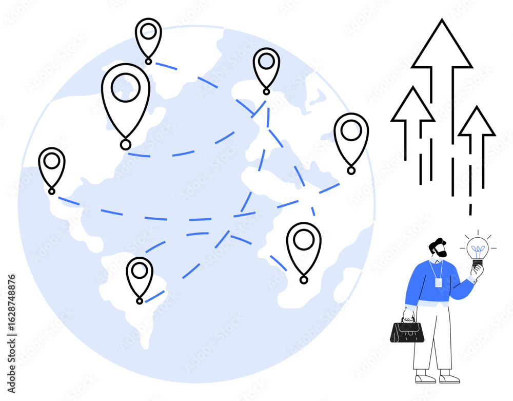 Poster globe with location pins connected by dashed lines, man holding lightbulb near rising arrows. ideal 