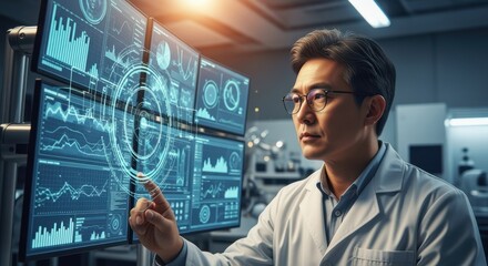 In a cutting edge laboratory, a scientist interacts with a futuristic touchscreen display, analyzing complex data visualizations and exploring innovative solutions in a high tech environment