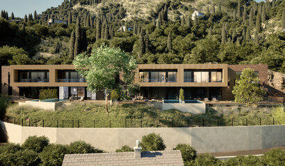 Luxury modern villa nestled in lush green hills, featuring minimalist design, infinity pool, and...