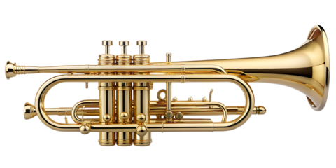 high quality stock photo of a golden trumpet - isolated on a white background PNG. GENERATIVE AI