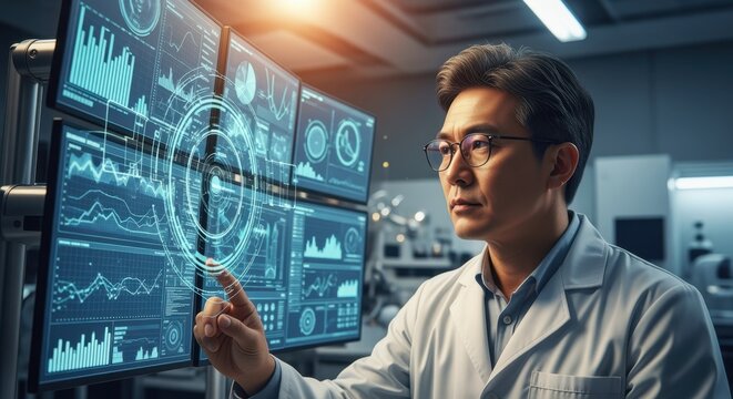 In a cutting edge laboratory, a scientist interacts with a futuristic touchscreen display, analyzing complex data visualizations and exploring innovative solutions in a high tech environment - Powered by Adobe