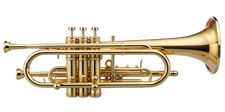 high quality stock photo of a golden trumpet - isolated on a white background PNG. GENERATIVE AI - Powered by Adobe