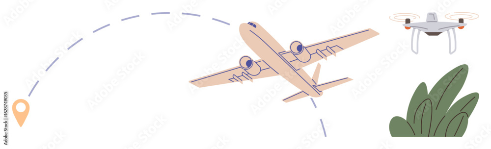 Aufkleber airplane following a marked flight path with a location pin, accompanied by a hovering drone near gr