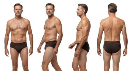 Middleaged man in underwear isolated on transparent background