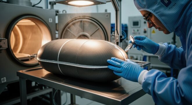 Technician inspecting sealed Kevlar fuel bladder fresh from vulcanization oven highlighting quality control in resilient fuel container fabrication.