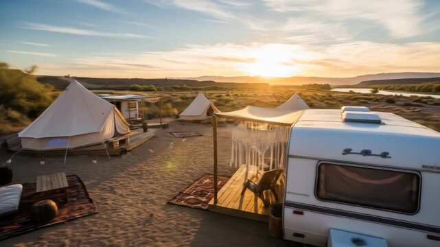 Serene desert campsite at sunset with rvs and canvas tents by river