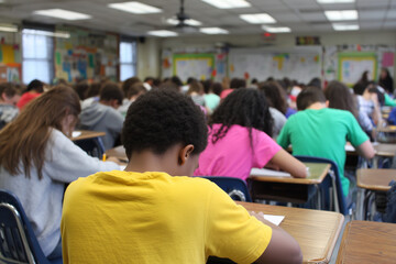 A classroom full of students are sitting at their desks
