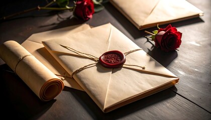 Arranging Letters with Wax Seal, Scroll and Red Roses on Dark Wood