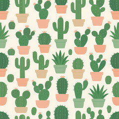 Seamless Cute Cactus Garden Pattern – Symmetrical Potted Succulents Tile Background