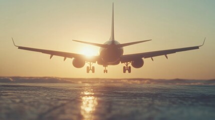 Naklejka premium Airplane taking off against a sunset background at the airport runway