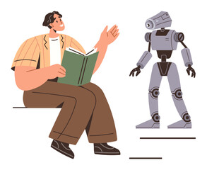 Man reading a book while conversing with a humanoid robot symbolizing communication, AI, learning, future technology, collaboration, human-machine relationships, innovation. Ideal for education