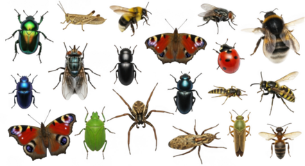 A variety of insects and bugs are displayed isolated on transparent background