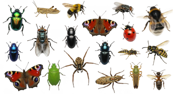 A variety of insects and bugs are displayed isolated on transparent background