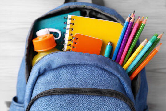 A blue backpack with a variety of school supplies including a water bottle
