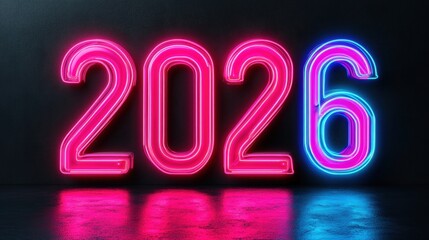 Bright neon sign for the year 2026 glowing against a dark background