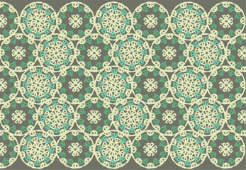 Fabric, canvas, knitwear, crochet, from round elements, colorful yellow-green symmetrical pattern