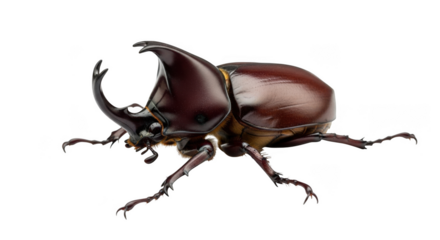 A rhinoceros beetle isolated on transparent background shows its horn