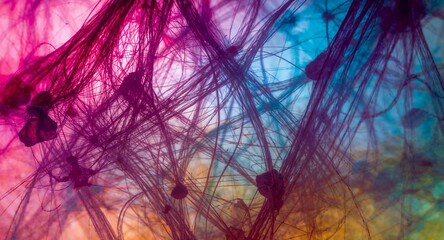 Vibrant Abstract Network of Intertwined Fibers with Gradient Pink Purple Blue and Orange Hues