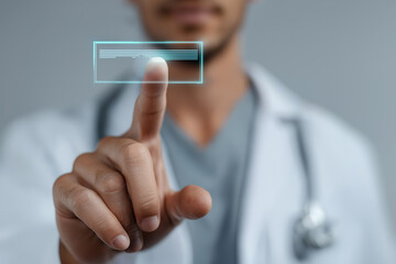 Medical professional touches glowing digital interface displaying technological elements.