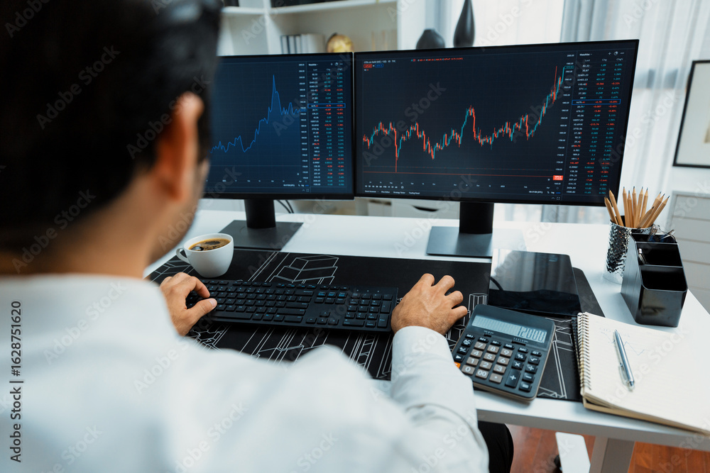 Aufkleber smart trader businessman analyzing in two dynamic stock exchange investment screen on pc with invest