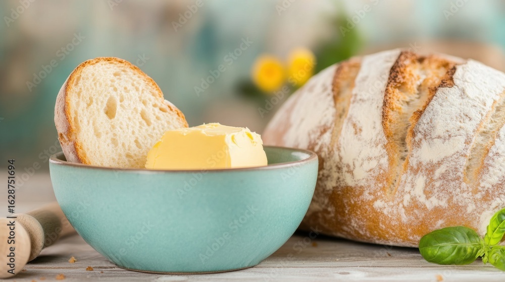 Poster freshly baked bread with butter served in a rustic setting