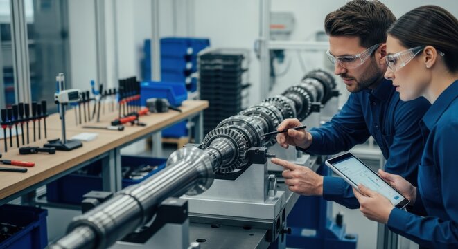 Focus on a jet engine shaft being aligned carefully on a custombuilt assembly fixture with engineers collaborating on process efficiency improvements.