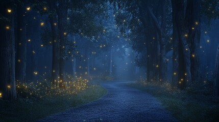Glowing lights illuminate a gloomy fantasy forest under the cover of night