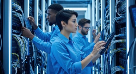 Diverse team of it specialists working in network server room, performing maintenance and diagnostics using tablet computers, ensuring efficient data flow and system stability