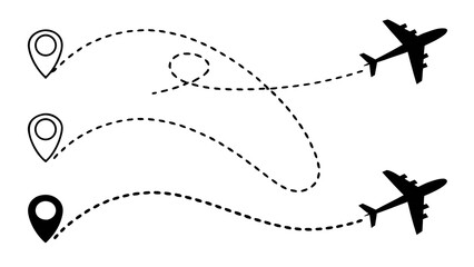 airplane flight routes with location pins and dotted path lines for travel mapping isolated on white background.